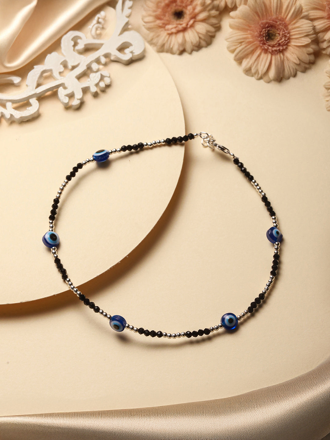 925 Sterling Silver Evil Eye Black Beads Minimal Dailywear Anklet